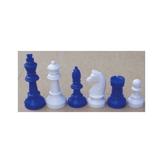 Schachfiguren Kunststoff, KH 93 mm, blau/wei&szlig;, im Stoffs&auml;ckchen