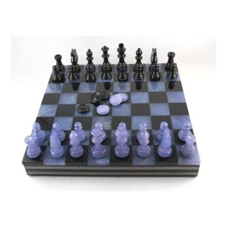 Schachspiel aus Alabaster schwarz/blauviolett transparent